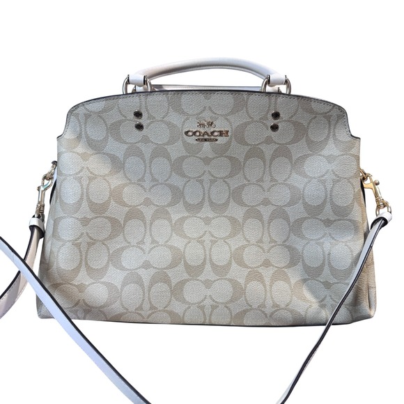 Coach Signature mini Lillie carryall Tan Handbag White Leather Trim Crossbody - Picture 1 of 11